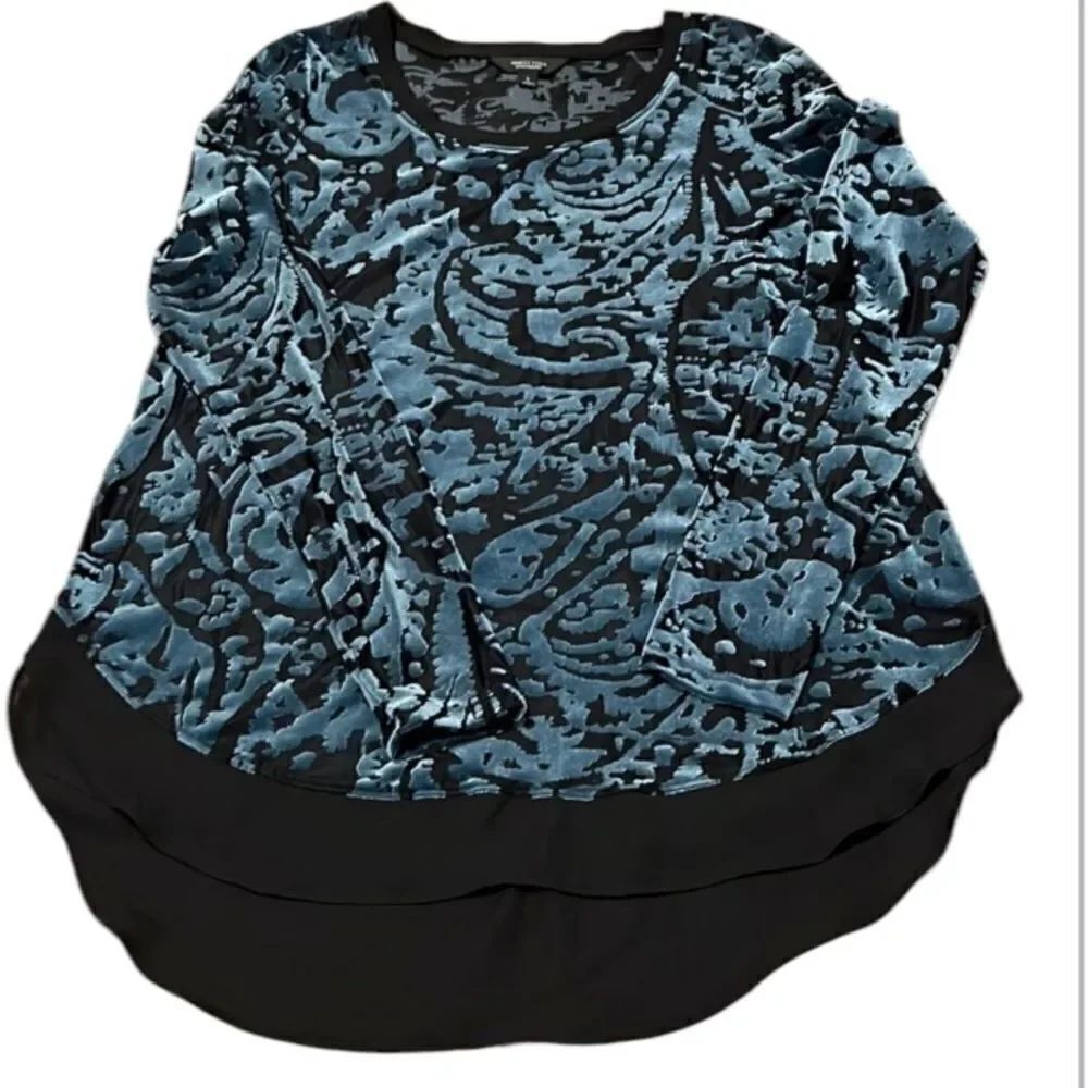 Simply Vera SzS blue velvet & sheer black burnout long sleeve flowy top EUC
